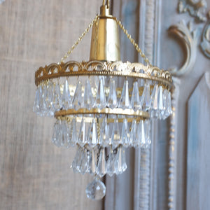 Vintage French Cut Glass Lead Crystal 3 Tiered Chandelier Brass Pendant Ceiling Light