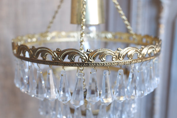 Vintage French Cut Glass Lead Crystal 3 Tiered Chandelier Brass Pendant Ceiling Light