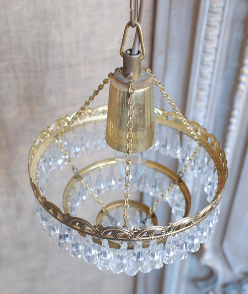 Vintage French Cut Glass Lead Crystal 3 Tiered Chandelier Brass Pendant Ceiling Light