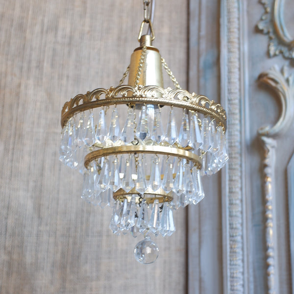 Vintage French Cut Glass Lead Crystal 3 Tiered Chandelier Brass Pendant Ceiling Light