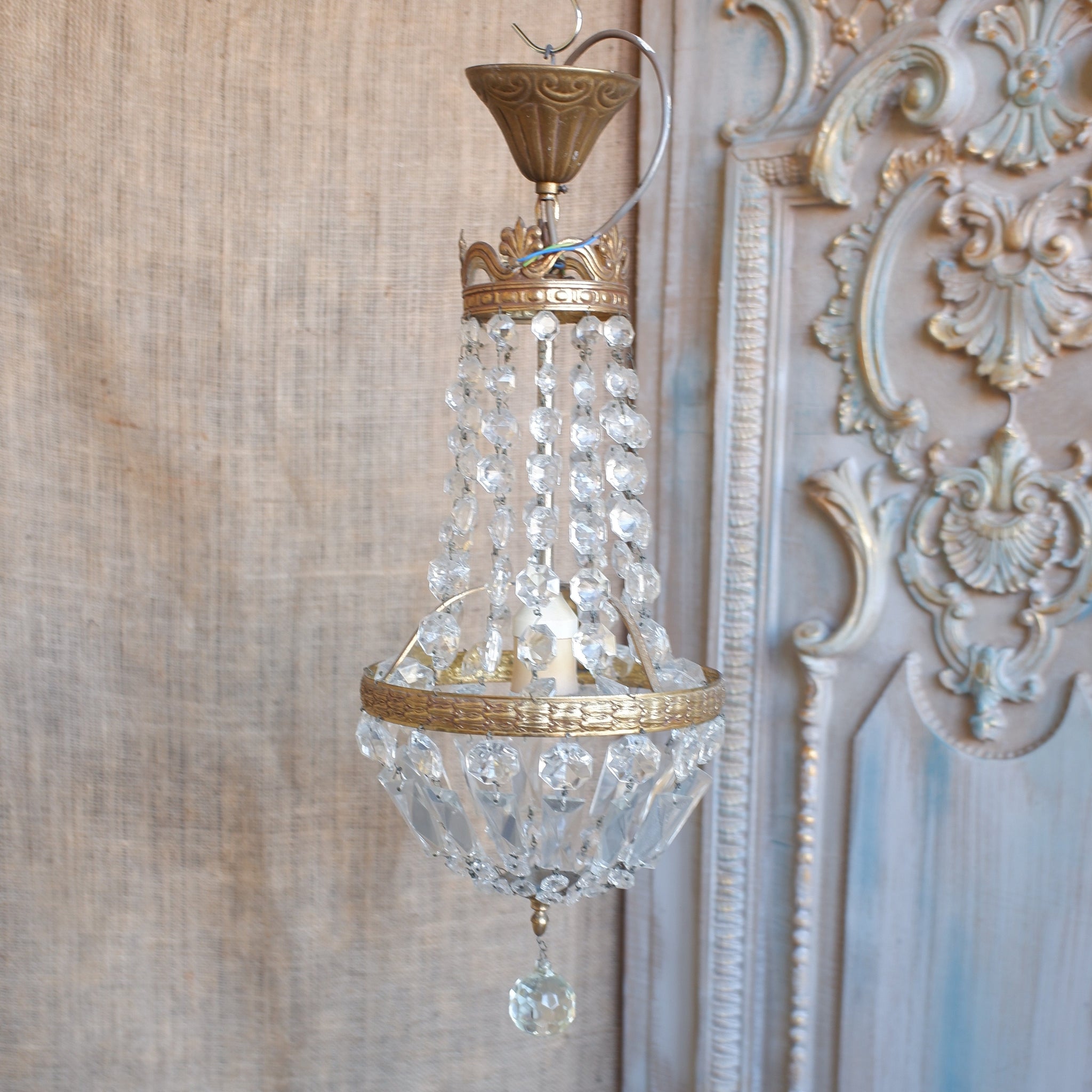 Vintage French LEAD Crystal Cut Glass Bag Chandelier Pendant Ceiling Light