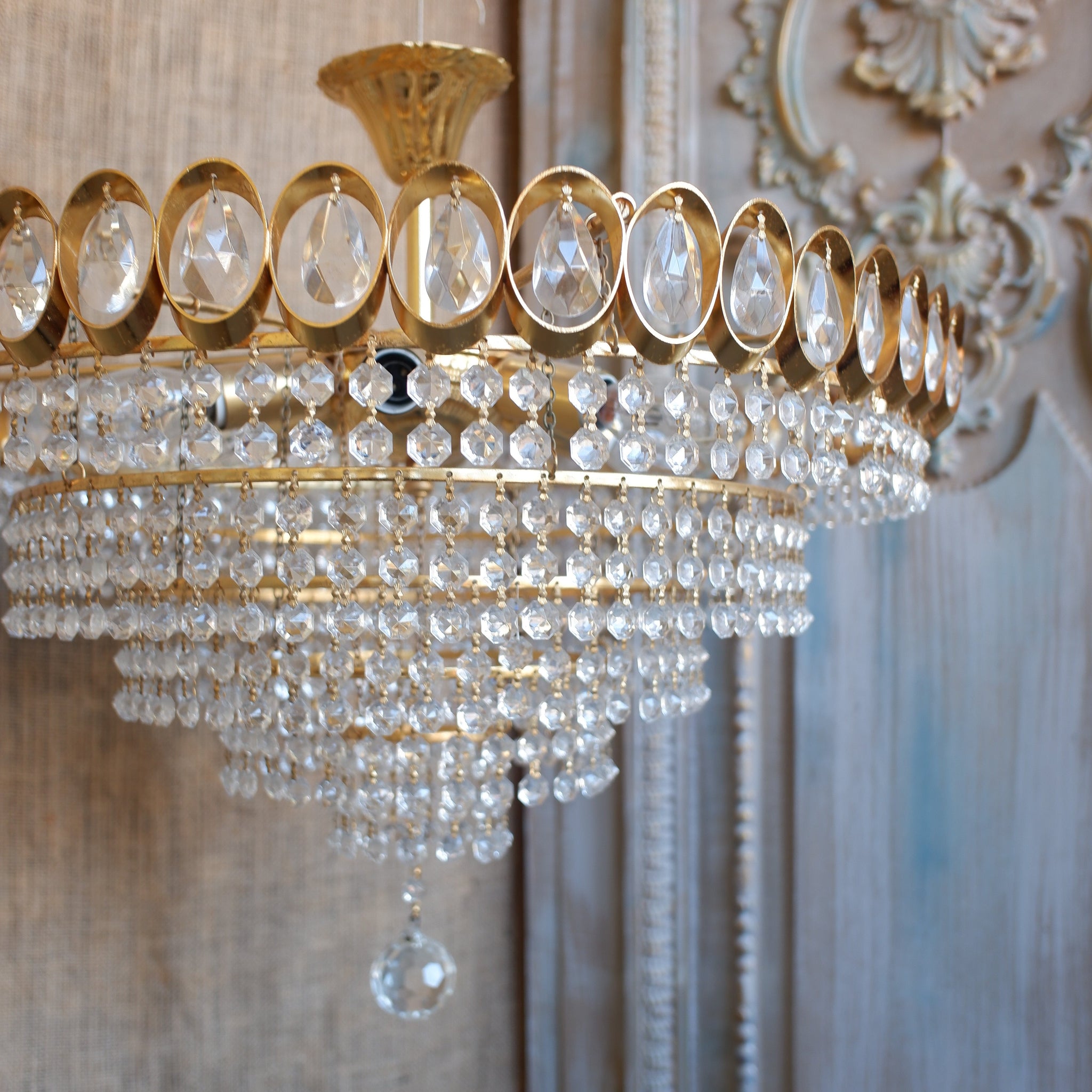 Vintage French 5 Tier Crystal Glass 1970's Chandelier Gold Pendant Ceiling Light