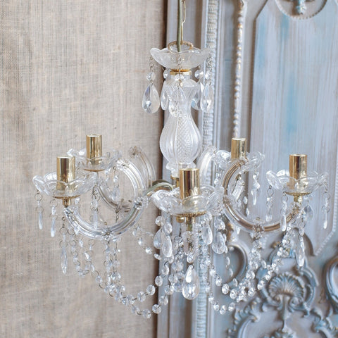 Vintage French 5 Glass Arm Crystal Chandelier Marie Therese Pendant Ceiling Light
