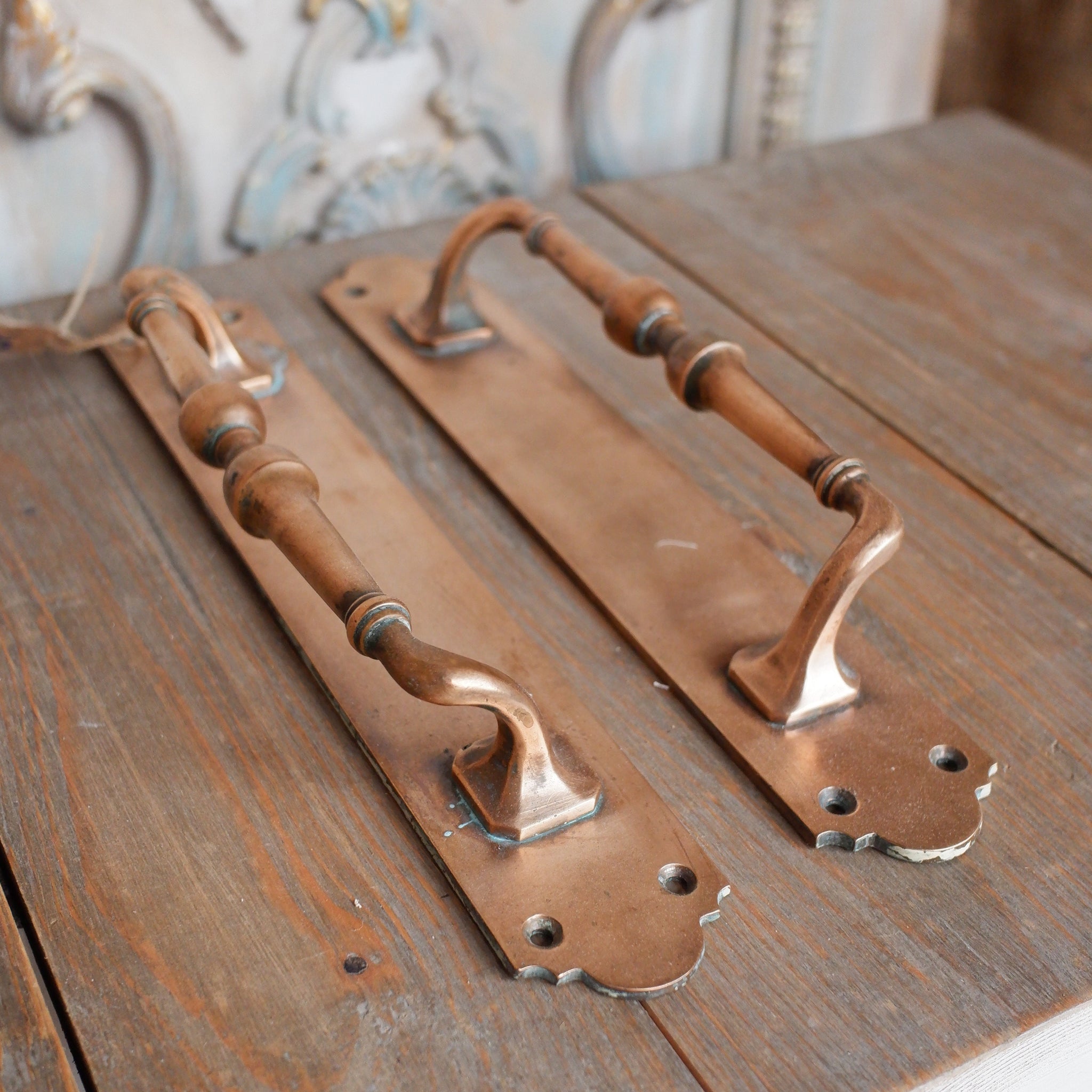 Pair of Large Antique Victorian Ornate BRONZE Metal Door HANDLES Hardware