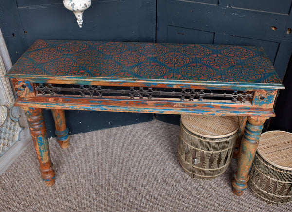 Hardwood Jali Indian Teal Blue Rustic CONSOLE Table Hall Sideboard Unit
