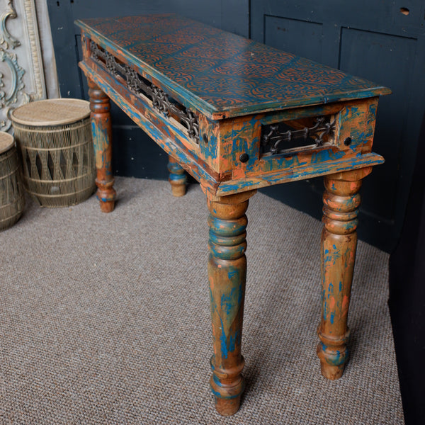 Hardwood Jali Indian Teal Blue Rustic CONSOLE Table Hall Sideboard Unit