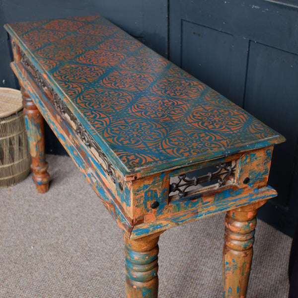 Hardwood Jali Indian Teal Blue Rustic CONSOLE Table Hall Sideboard Unit
