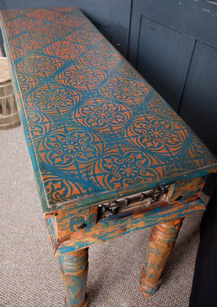 Hardwood Jali Indian Teal Blue Rustic CONSOLE Table Hall Sideboard Unit