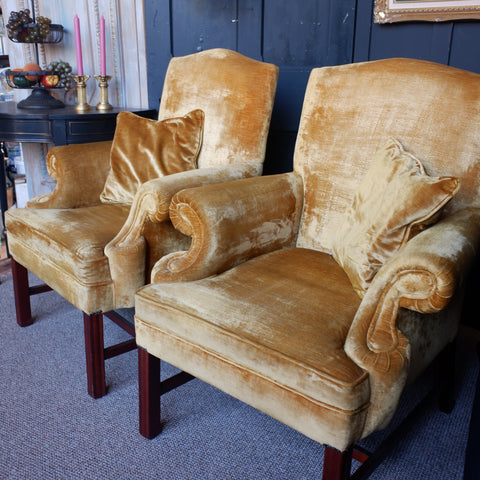 Pair of Vintage GAINSBOROUGH Style Gold Velvet Armchairs w/Cushions