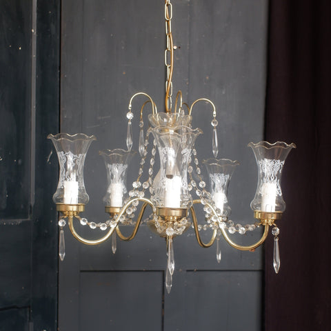 Vintage French 5 Arm Glass Shades Crystal Chandelier Pendant Ceiling Light