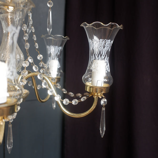 Vintage French 5 Arm Glass Shades Crystal Chandelier Pendant Ceiling Light