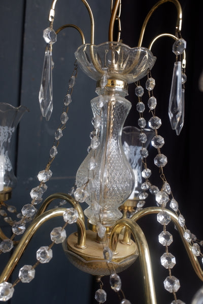 Vintage French 5 Arm Glass Shades Crystal Chandelier Pendant Ceiling Light