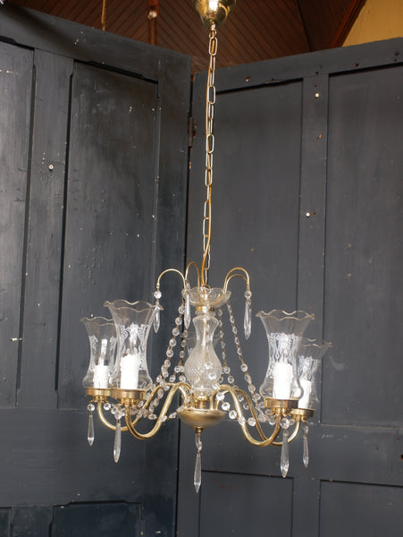 Vintage French 5 Arm Glass Shades Crystal Chandelier Pendant Ceiling Light