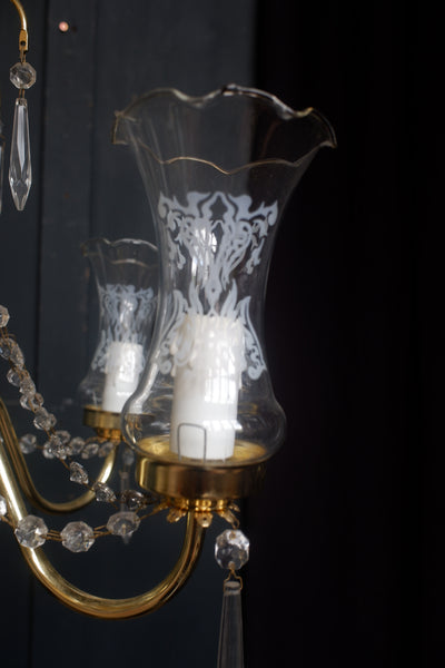 Vintage French 5 Arm Glass Shades Crystal Chandelier Pendant Ceiling Light