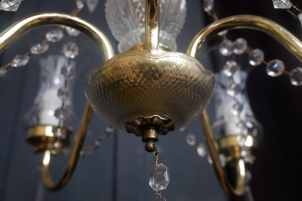 Vintage French 5 Arm Glass Shades Crystal Chandelier Pendant Ceiling Light