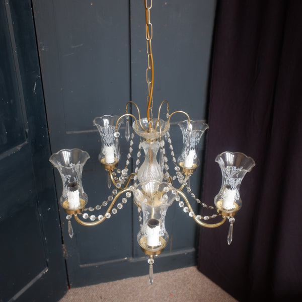 Vintage French 5 Arm Glass Shades Crystal Chandelier Pendant Ceiling Light