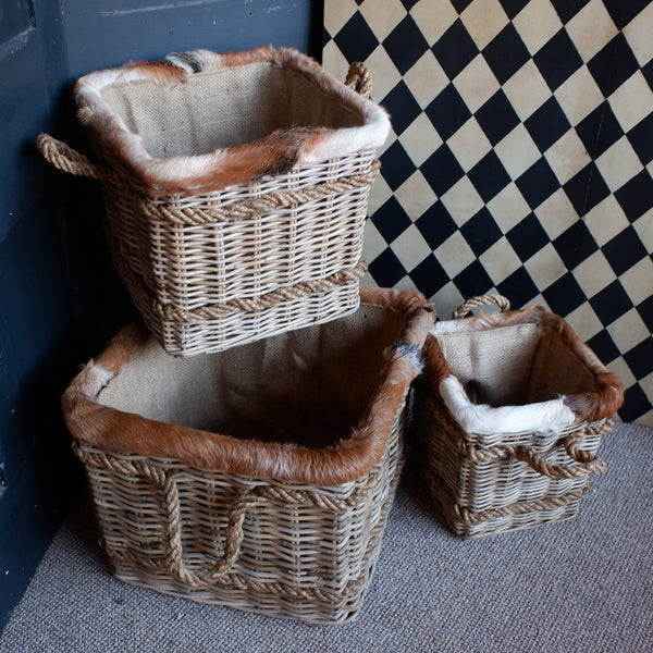 NEW Goats Skin Handwoven Natural Rattan Fireside LOG Basket Sturdy Storage - 3 Sizes