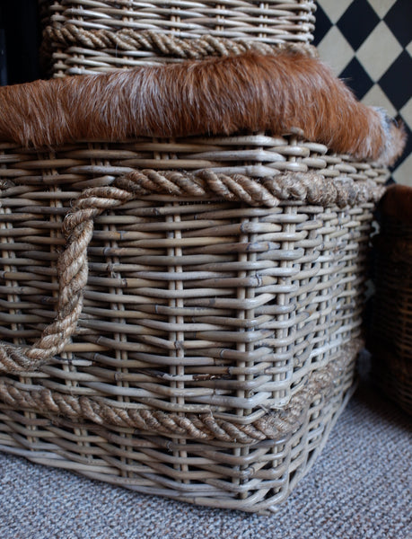 NEW Goats Skin Handwoven Natural Rattan Fireside LOG Basket Sturdy Storage - 3 Sizes