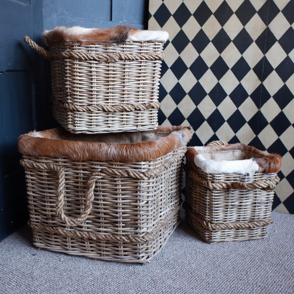 NEW Goats Skin Handwoven Natural Rattan Fireside LOG Basket Sturdy Storage - 3 Sizes