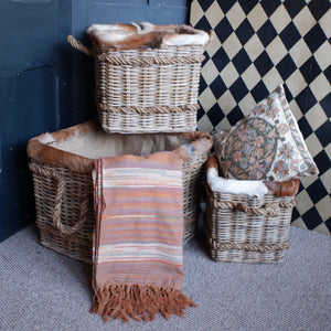 NEW Goats Skin Handwoven Natural Rattan Fireside LOG Basket Sturdy Storage - 3 Sizes
