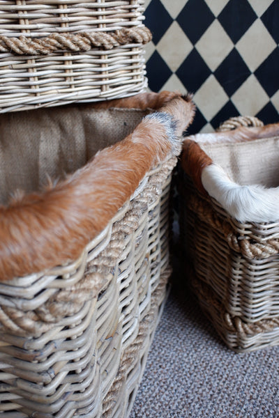 NEW Goats Skin Handwoven Natural Rattan Fireside LOG Basket Sturdy Storage - 3 Sizes