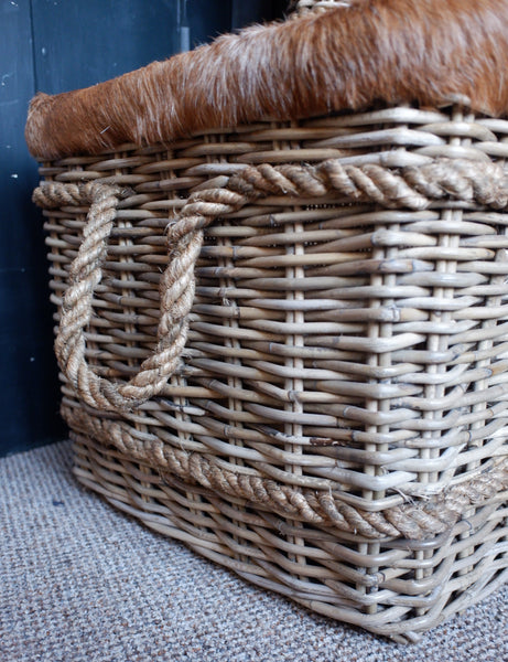 NEW Goats Skin Handwoven Natural Rattan Fireside LOG Basket Sturdy Storage - 3 Sizes
