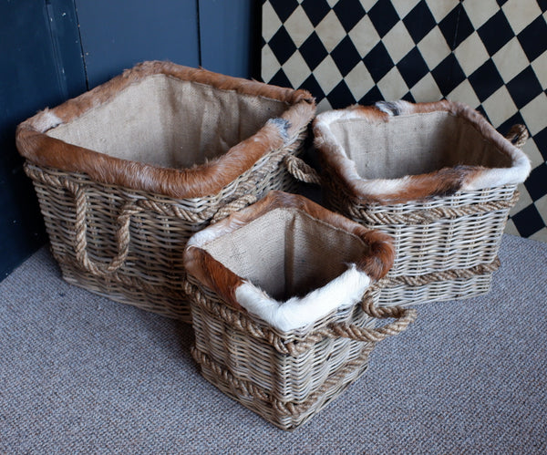 NEW Goats Skin Handwoven Natural Rattan Fireside LOG Basket Sturdy Storage - 3 Sizes
