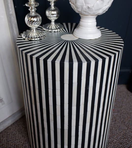 Black & White Striped Round Table Inlaid Bone & Ebony Modern Pedestal Stand Base Stool