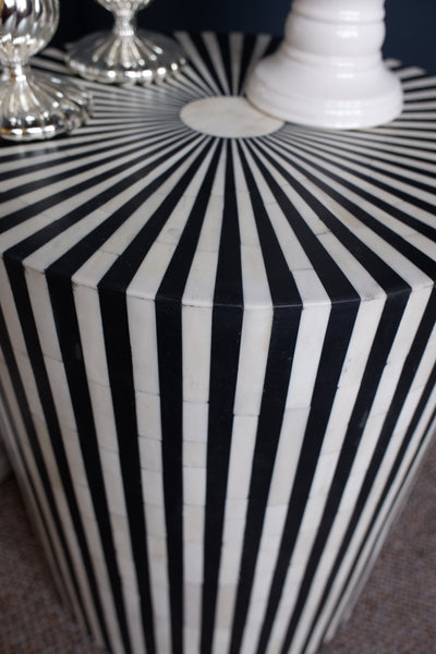 Black & White Striped Round Table Inlaid Bone & Ebony Modern Pedestal Stand Base Stool