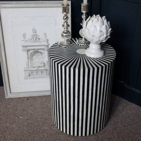 Black & White Striped Round Table Inlaid Bone & Ebony Modern Pedestal Stand Base Stool
