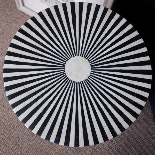 Black & White Striped Round Table Inlaid Bone & Ebony Modern Pedestal Stand Base Stool