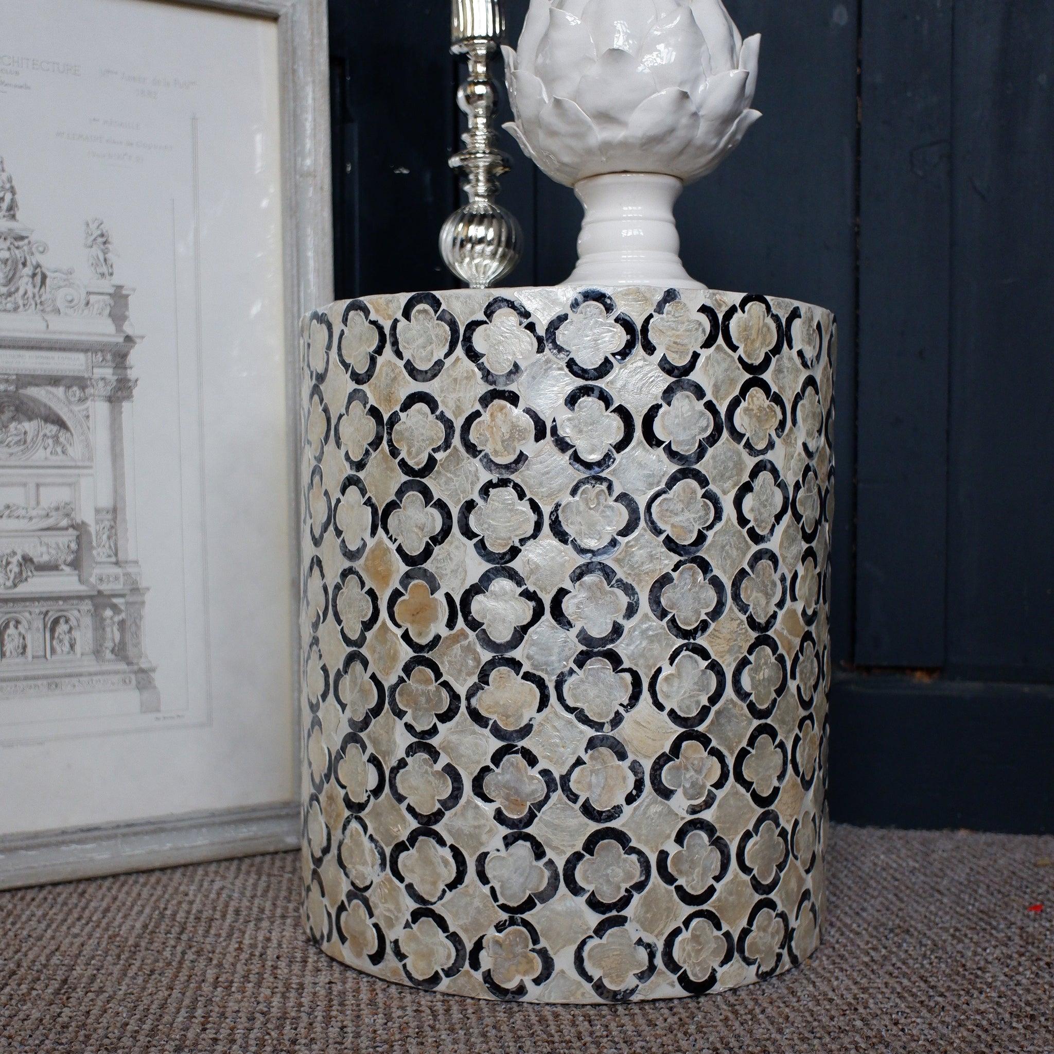 Black & White Round Drum Table Inlaid Mother of Pearl Modern Stand Stool