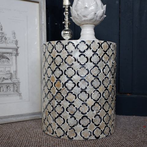 Black & White Round Drum Table Inlaid Mother of Pearl Modern Stand Stool