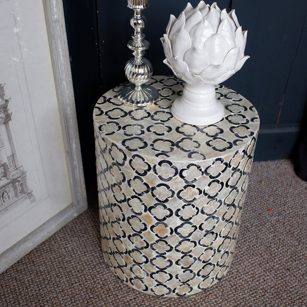 Black & White Round Drum Table Inlaid Mother of Pearl Modern Stand Stool