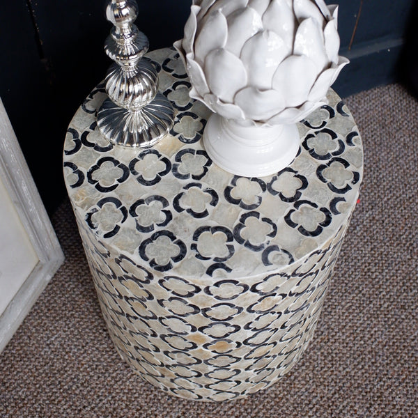 Black & White Round Drum Table Inlaid Mother of Pearl Modern Stand Stool