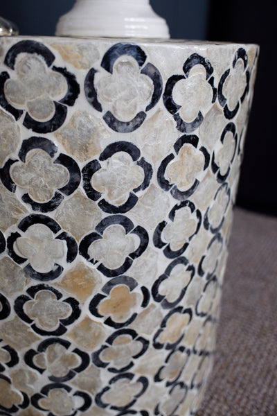 Black & White Round Drum Table Inlaid Mother of Pearl Modern Stand Stool