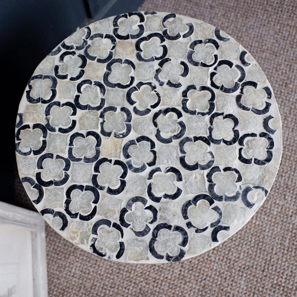 Black & White Round Drum Table Inlaid Mother of Pearl Modern Stand Stool