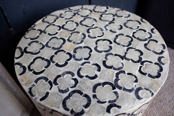 Black & White Round Drum Table Inlaid Mother of Pearl Modern Stand Stool