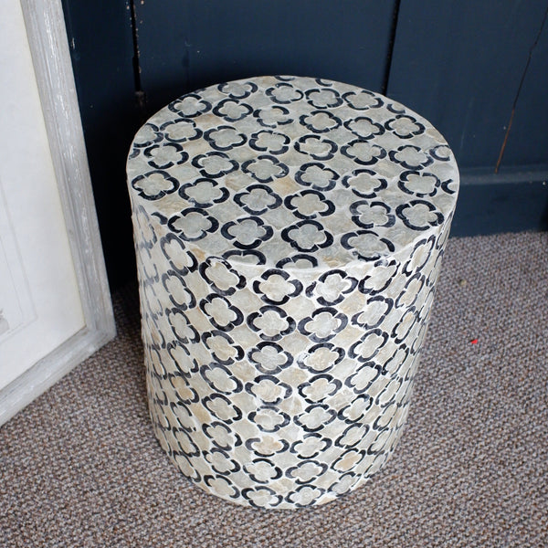 Black & White Round Drum Table Inlaid Mother of Pearl Modern Stand Stool