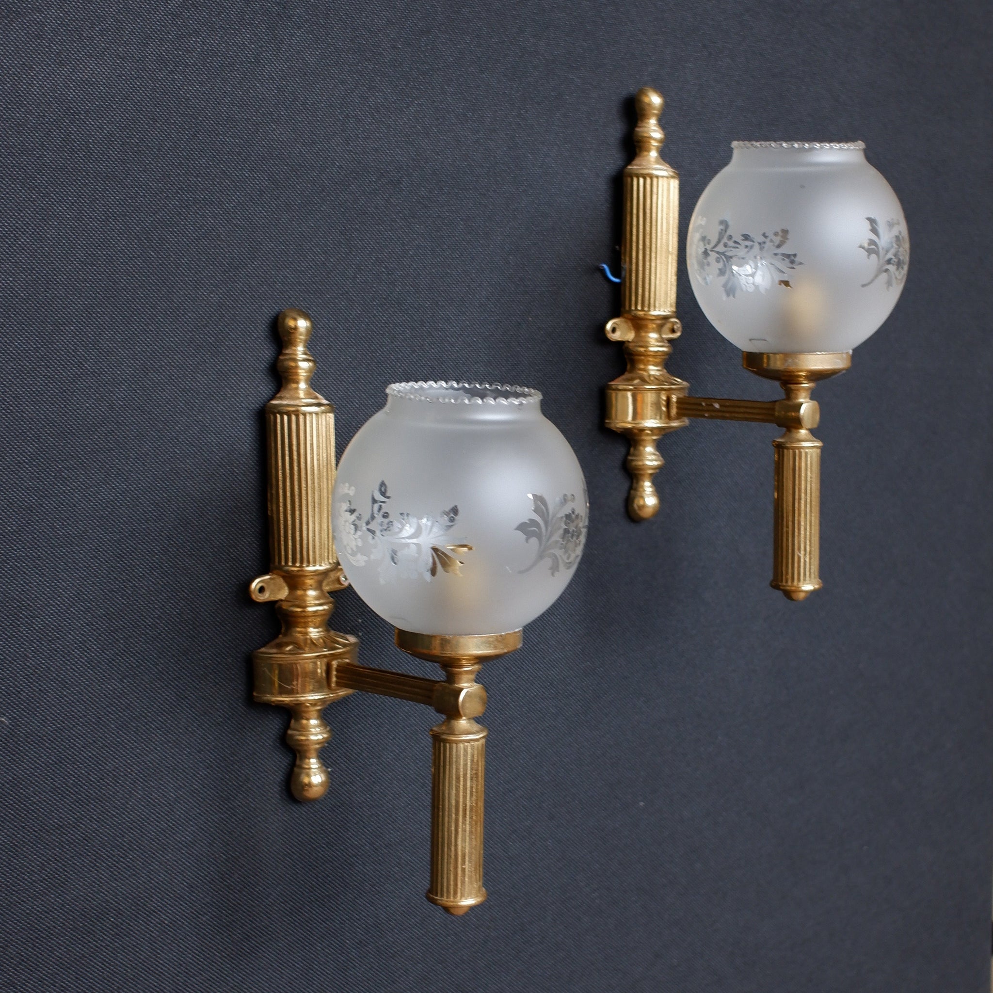Pair of Vintage Gold Frosted Shade Etched Column Wall Lights
