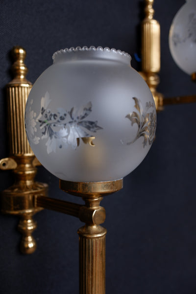 Pair of Vintage Gold Frosted Shade Etched Column Wall Lights
