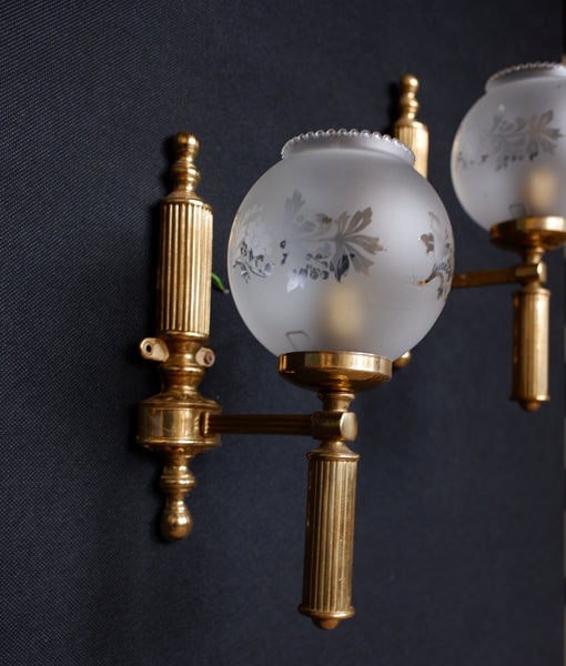 Pair of Vintage Gold Frosted Shade Etched Column Wall Lights