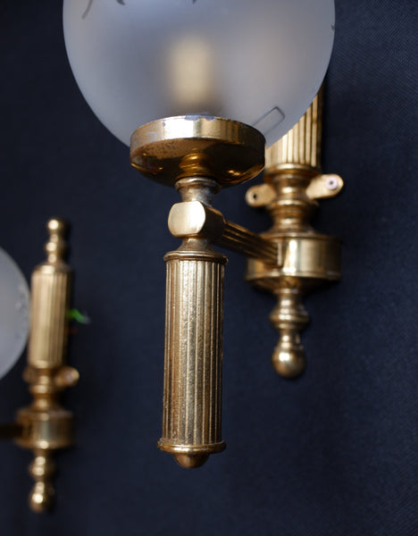 Pair of Vintage Gold Frosted Shade Etched Column Wall Lights
