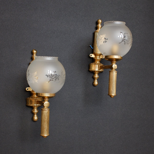Pair of Vintage Gold Frosted Shade Etched Column Wall Lights