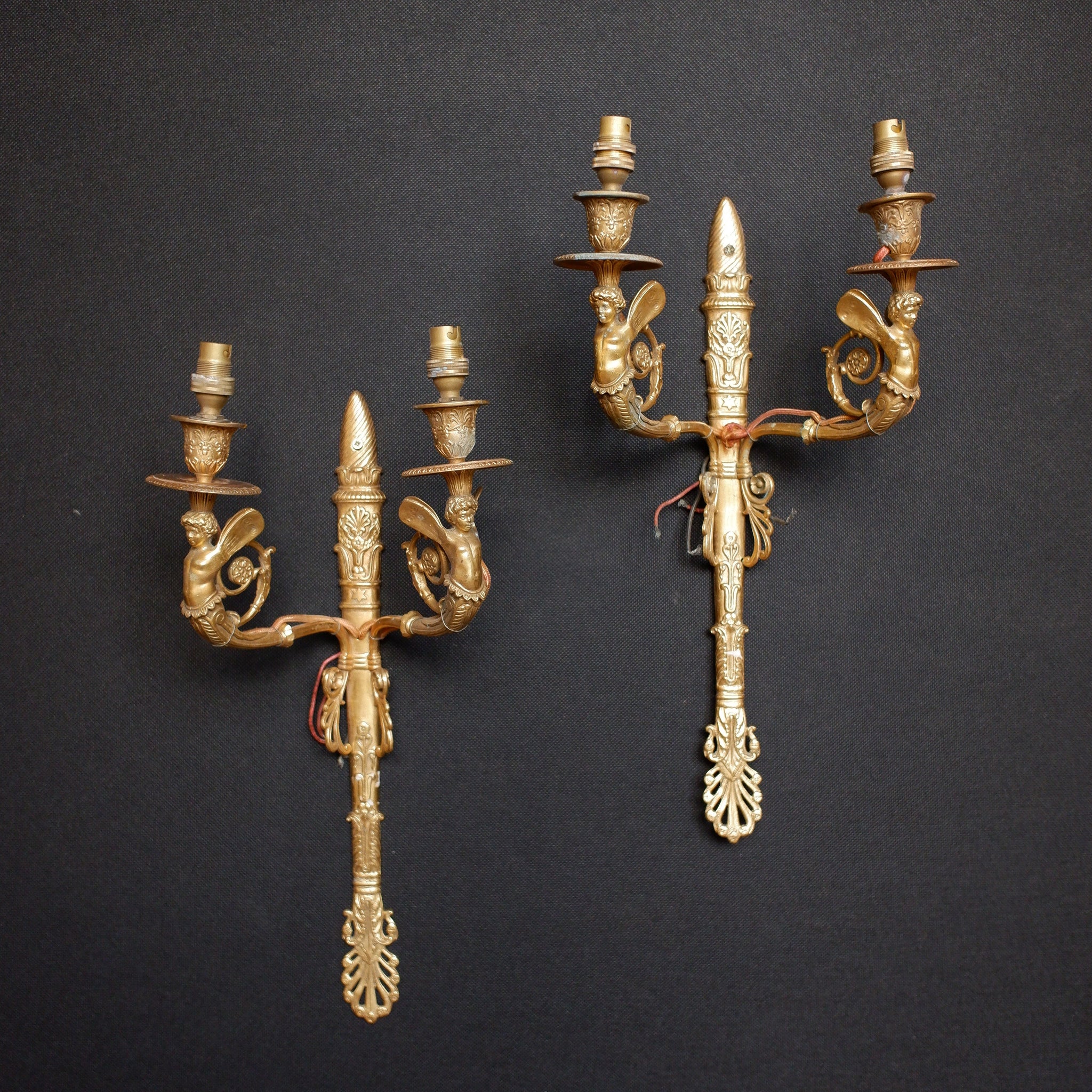 Pair of Antique French Gilt Brass Ornate Regency Style Cherub Double Arm Wall Lights