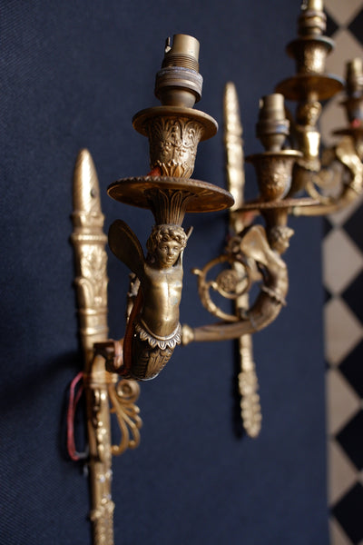 Pair of Antique French Gilt Brass Ornate Regency Style Cherub Double Arm Wall Lights