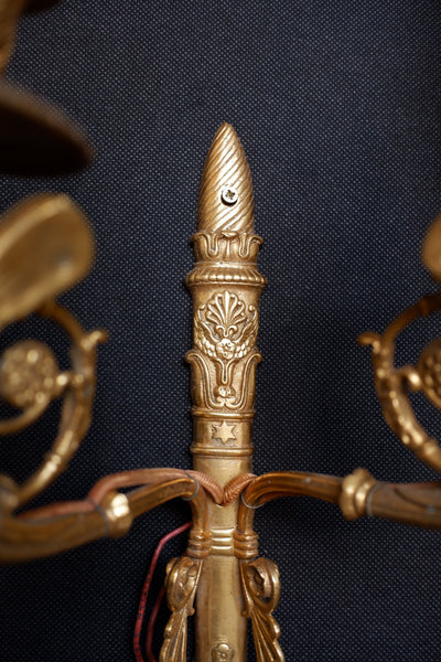 Pair of Antique French Gilt Brass Ornate Cherub Double Arm Wall Lights