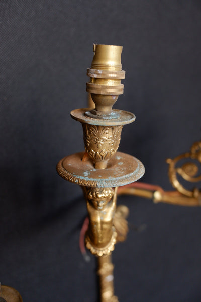 Pair of Antique French Gilt Brass Ornate Cherub Double Arm Wall Lights