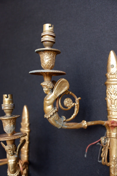 Pair of Antique French Gilt Brass Ornate Cherub Double Arm Wall Lights