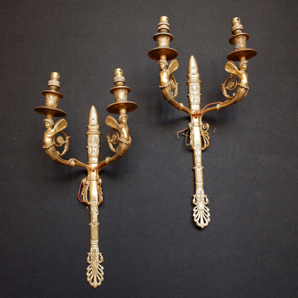 Pair of Antique French Gilt Brass Ornate Regency Style Cherub Double Arm Wall Lights